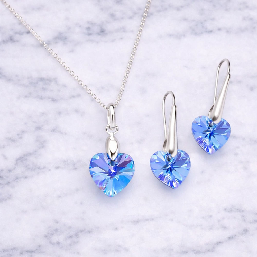 Set Collar y Aretes de Plata con Cristal Corazón Celeste - Joya Elegante para Regalo Especial