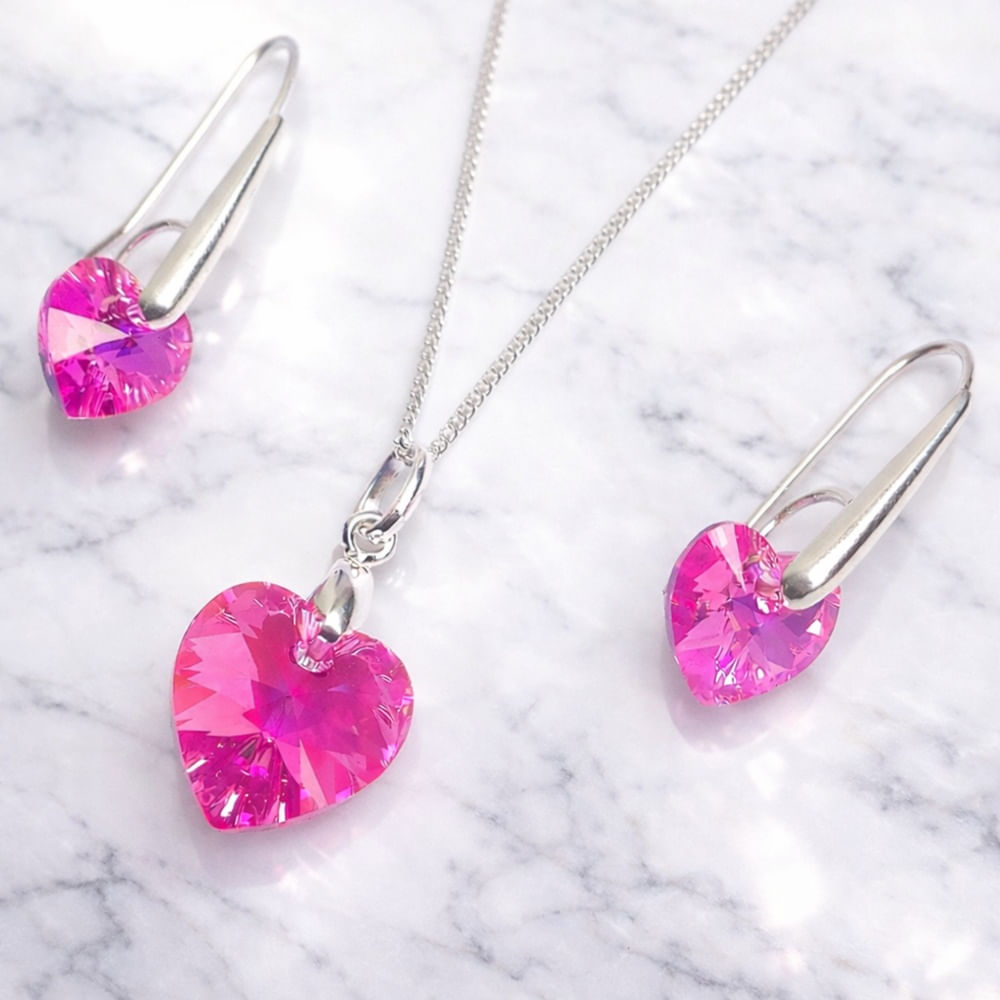 Set Collar y Aretes de Plata con Cristal Corazón Rosa - Joya Elegante para Regalo Especial