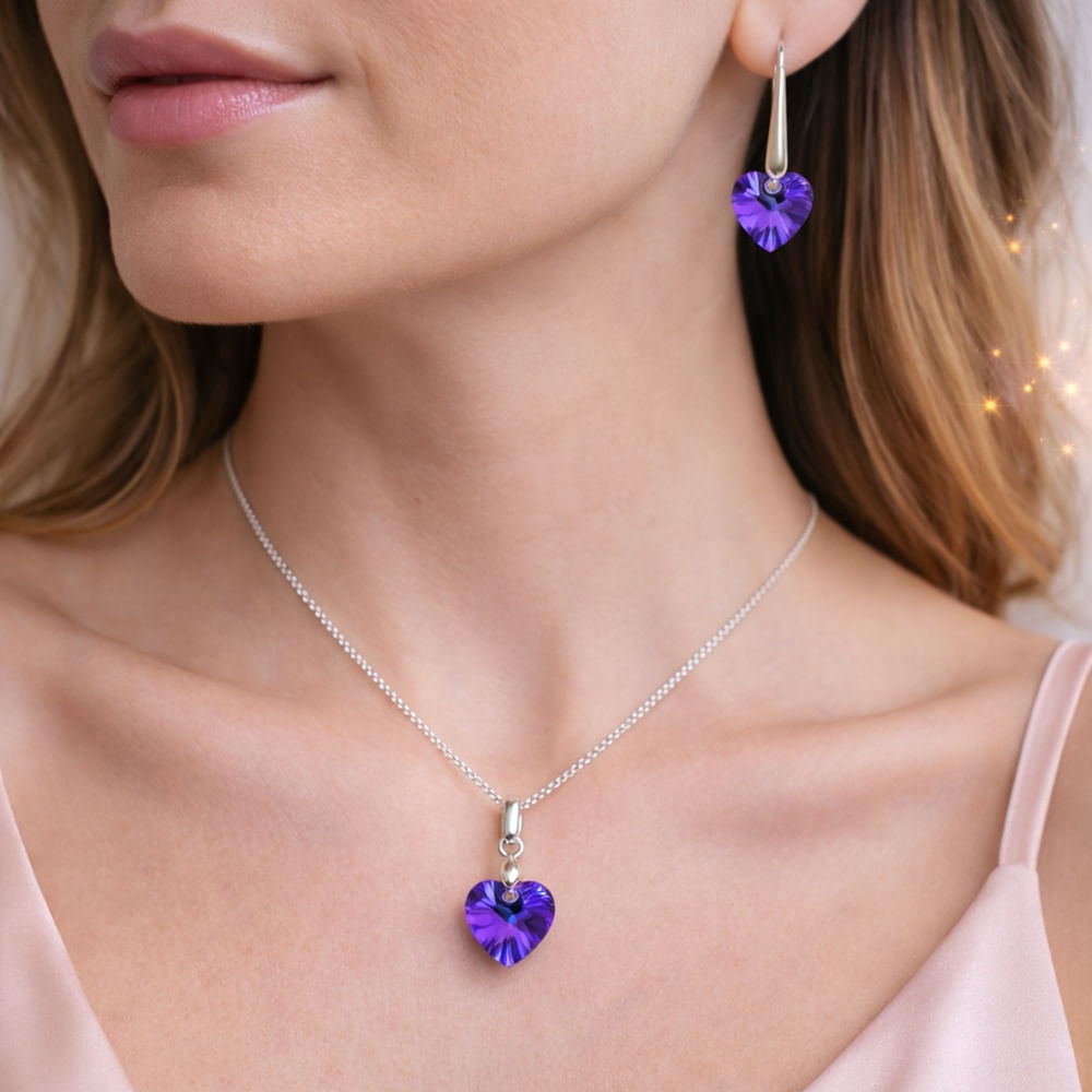 Set Collar y Aretes de Plata con Cristal Corazón Morado - Joya Elegante para Regalo Especial