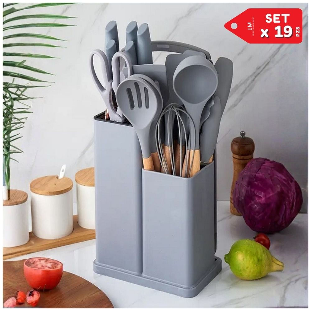 Set de Utensilios de Cocina con Base Organizadora x 19pzs Gris