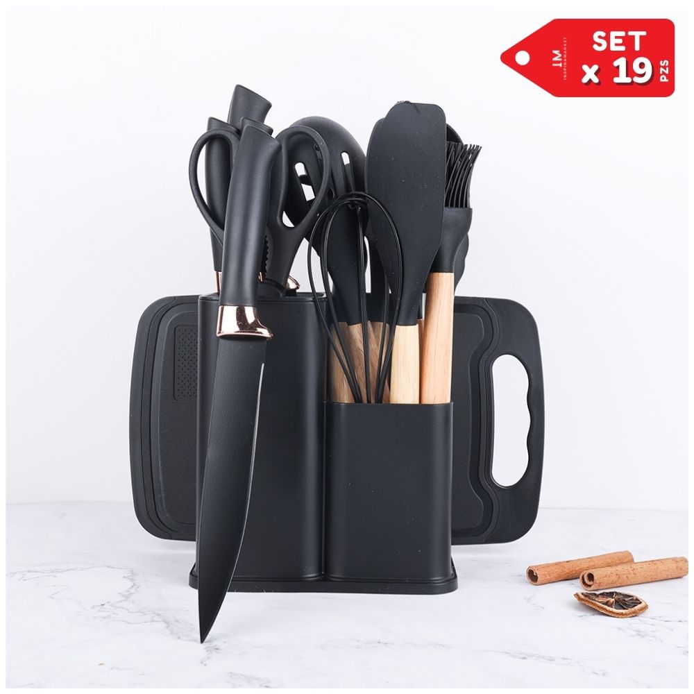 Set de Utensilios de Cocina con Base Organizadora x 19pzs Negro