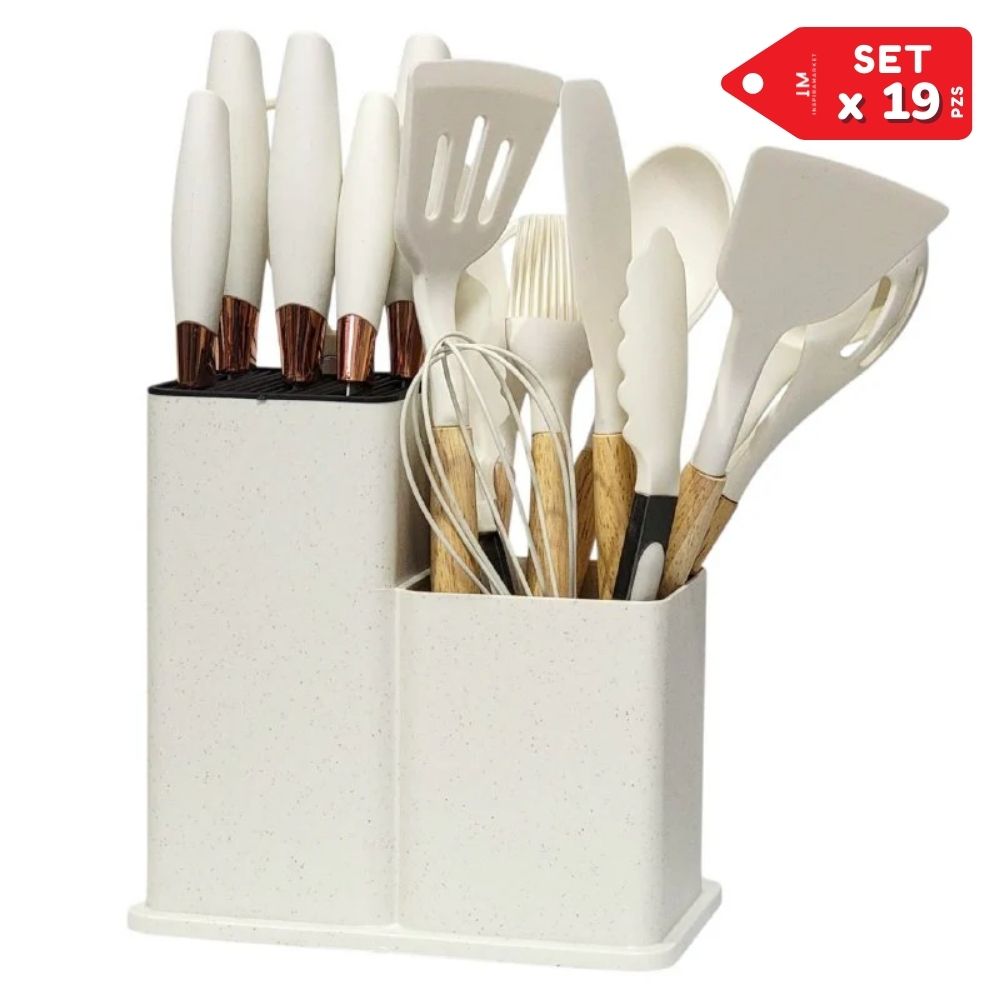 Set de Utensilios de Cocina con Base Organizadora x 19pzs Blanco