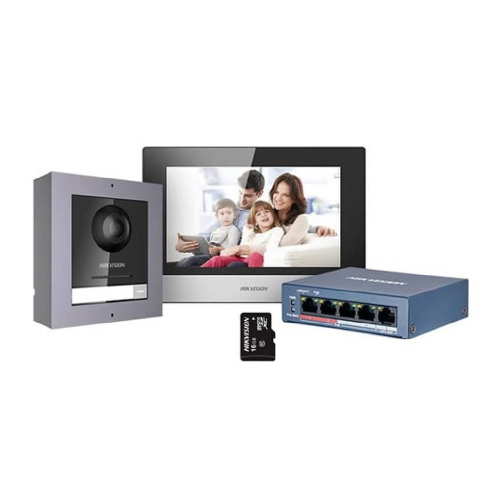 Kit de Videoportero Hikvision DS-KD8003 y DS-KH6320 con switch y tarjeta SD incluida 4 cables
