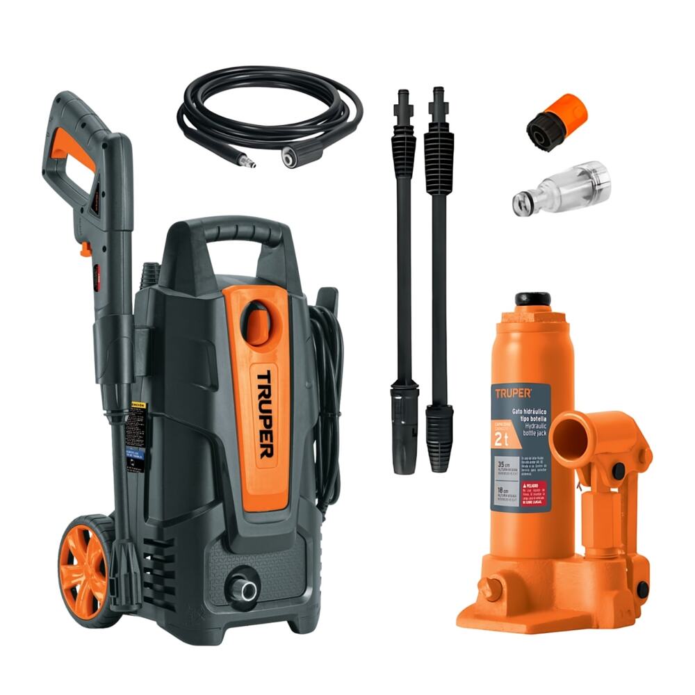 hidrolavadora 1500PSI y Gata Tipo Botella 2 Toneladas Truper 102095-14810