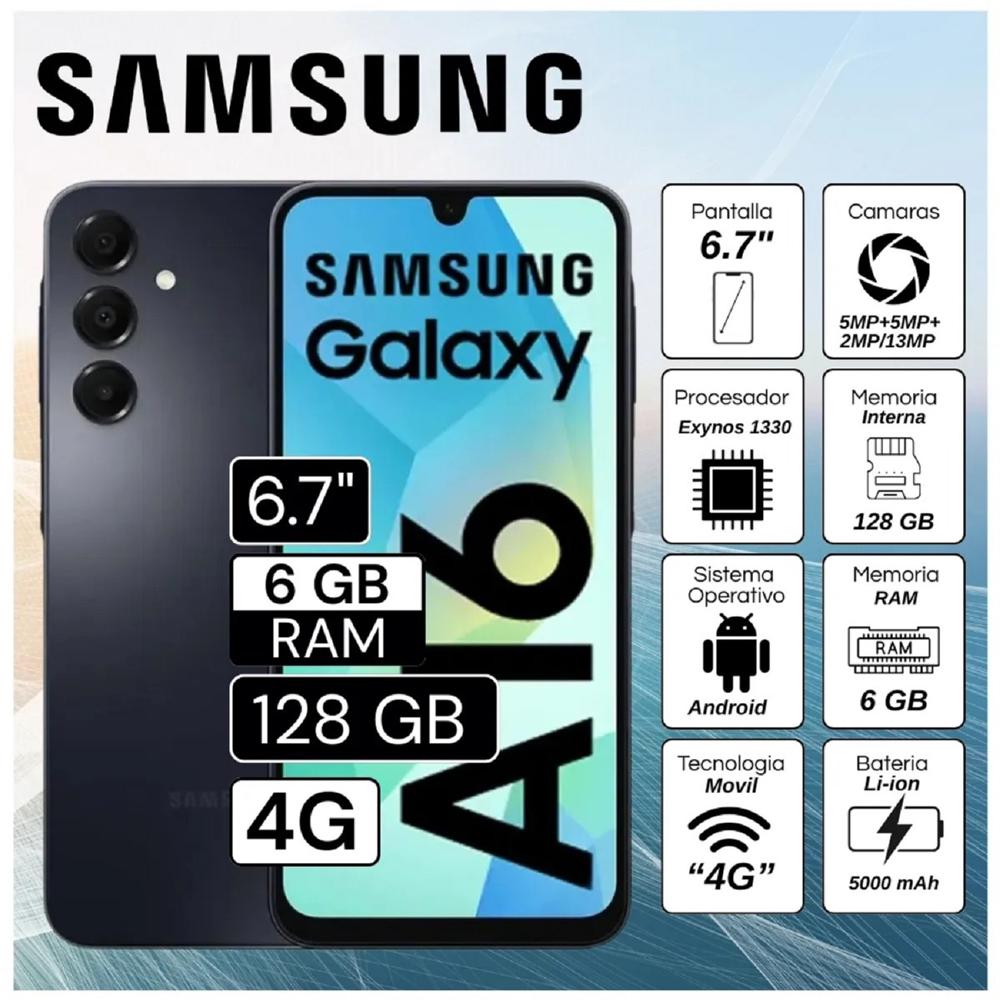 Celular Samsung Galaxy A16 4G 6GB RAM 128GB Cámara Principal 50MP  13MP frontal 6.7  Pulg   Negro