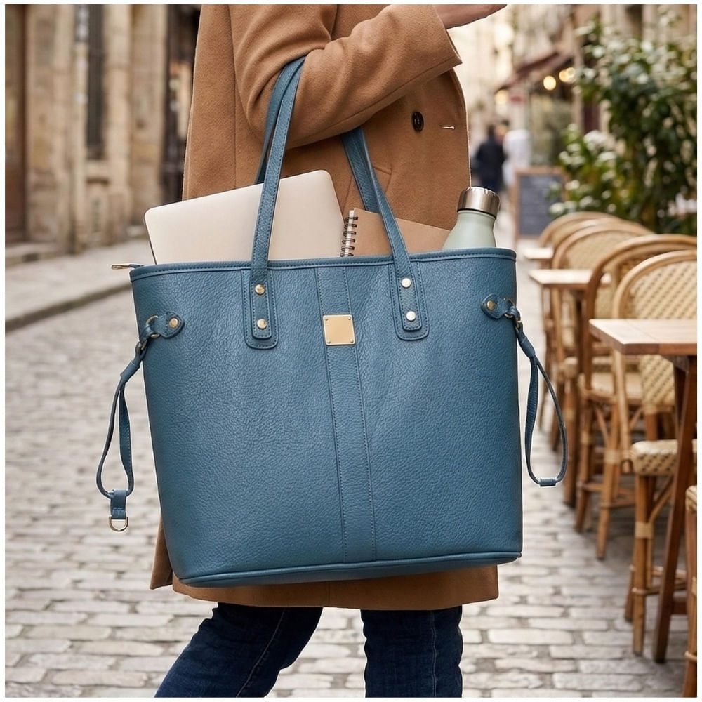 Bolso Tote Bag Cuero PU Amplio Perfecto para Trabajo Diario - Acero