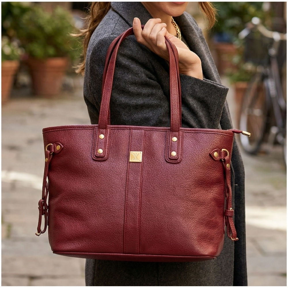 Bolso Tote Bag Cuero PU Amplio Perfecto para Trabajo Diario - Bordó