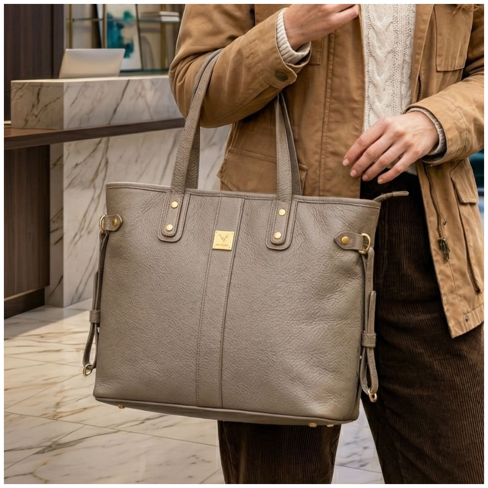 Bolso Tote Bag Cuero PU Amplio Perfecto para Trabajo Diario - Topo