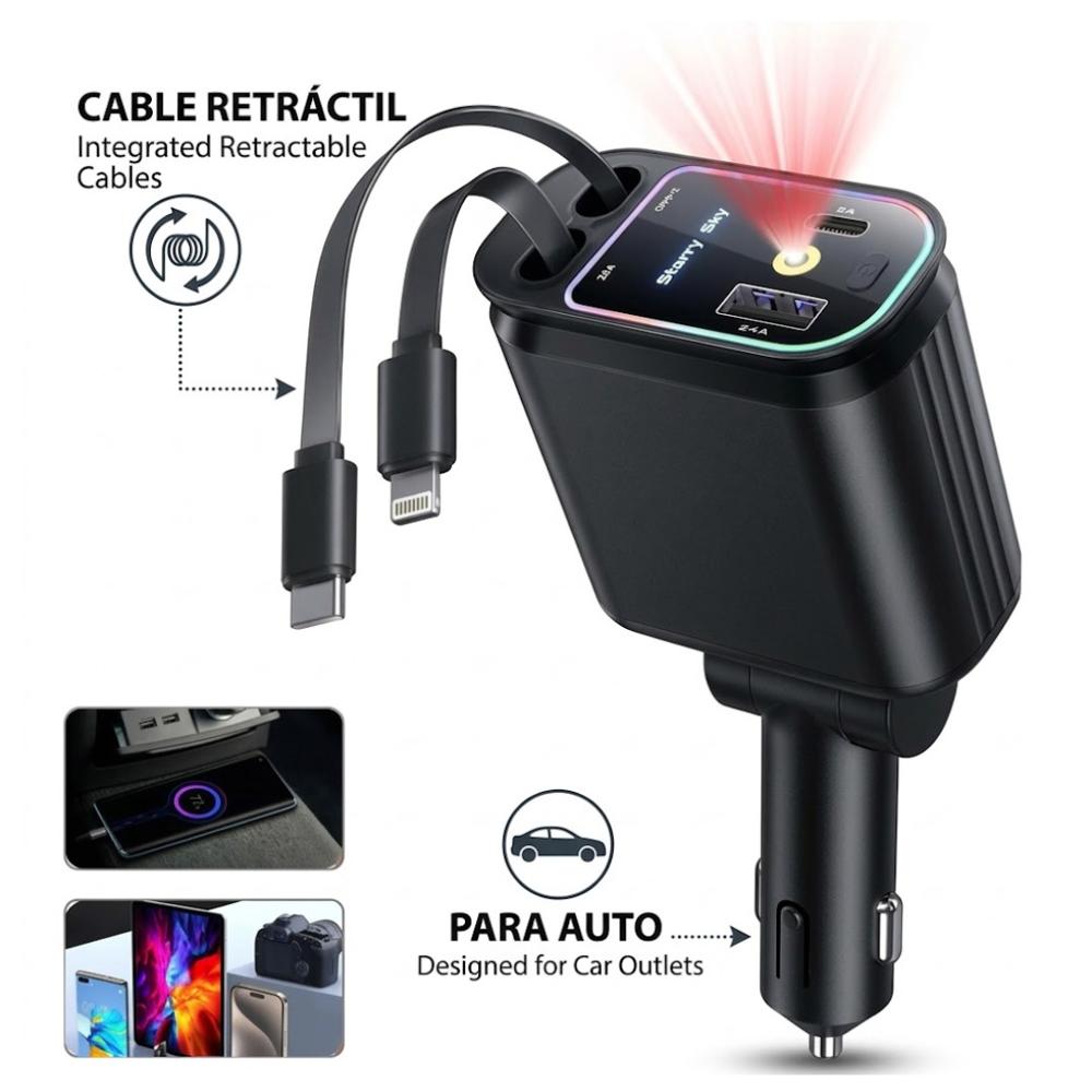 Cargador para Carros Automóviles Retráctil 4 en 1 Carga USB C Súper Rápido Starlight Proyecto