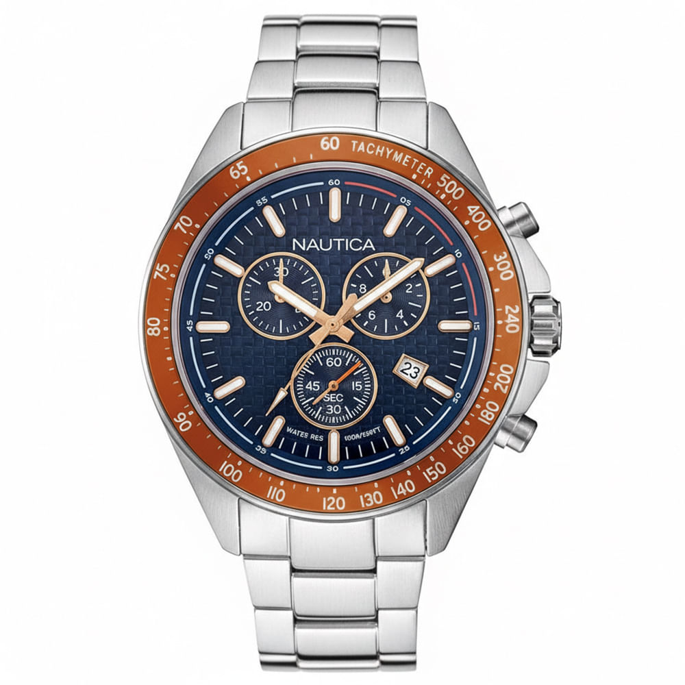 Reloj Nautica Ocean Beach NAPOBF117 Fecha Cronómetro Acero Inoxidable Dial Azul