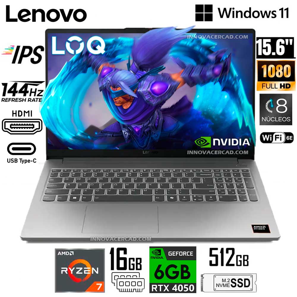LAPTOP LENOVO 15ARP10E RYZEN 7 7735HS 16GB 512GB SSD 15.6 FHD 144HZ RTX 4050 WINDOWS 11