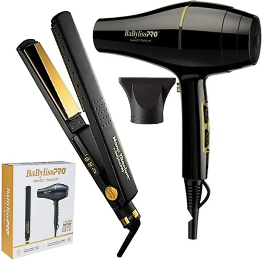 Combo Babylisspro Edicion Limitada Plancha Black Gold y Secadora Nano Gold