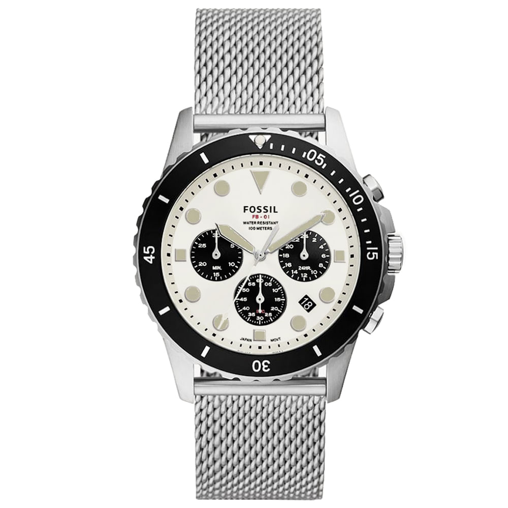 Reloj Fossil FB-01 FS5915 Fecha Cronómetro Acero Inoxidable Dial Blanco