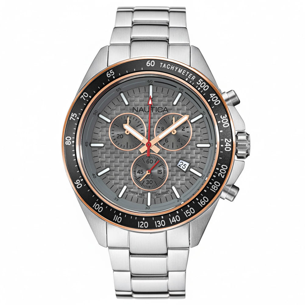 Reloj Nautica Ocean Beach NAPOBS115 Fecha Cronómetro Acero Inoxidable Dial Gris