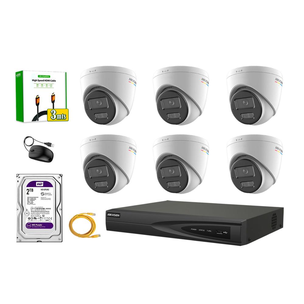 Kit 6 Cámara Seguridad Hikvision IP POE 4MP Color Vu Domo Visión Color Disco 2TB