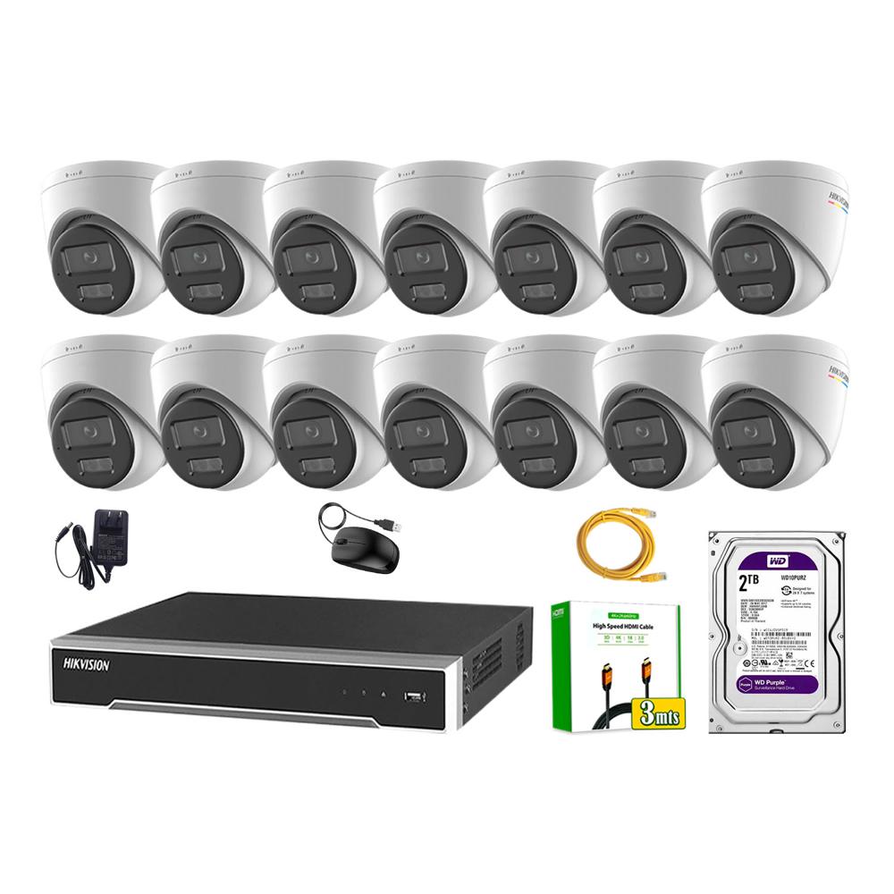Kit 14 Cámara Seguridad Hikvision IP POE 4MP Color Vu Domo Visión Color Disco 2TB