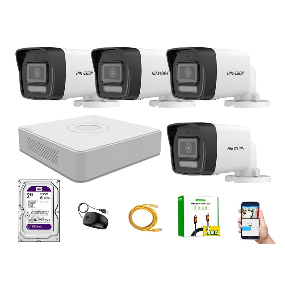 Kit 4 Cámara Seguridad Hikvision IP POE 4MP Tubo Audio Incorporado Disco 2TB