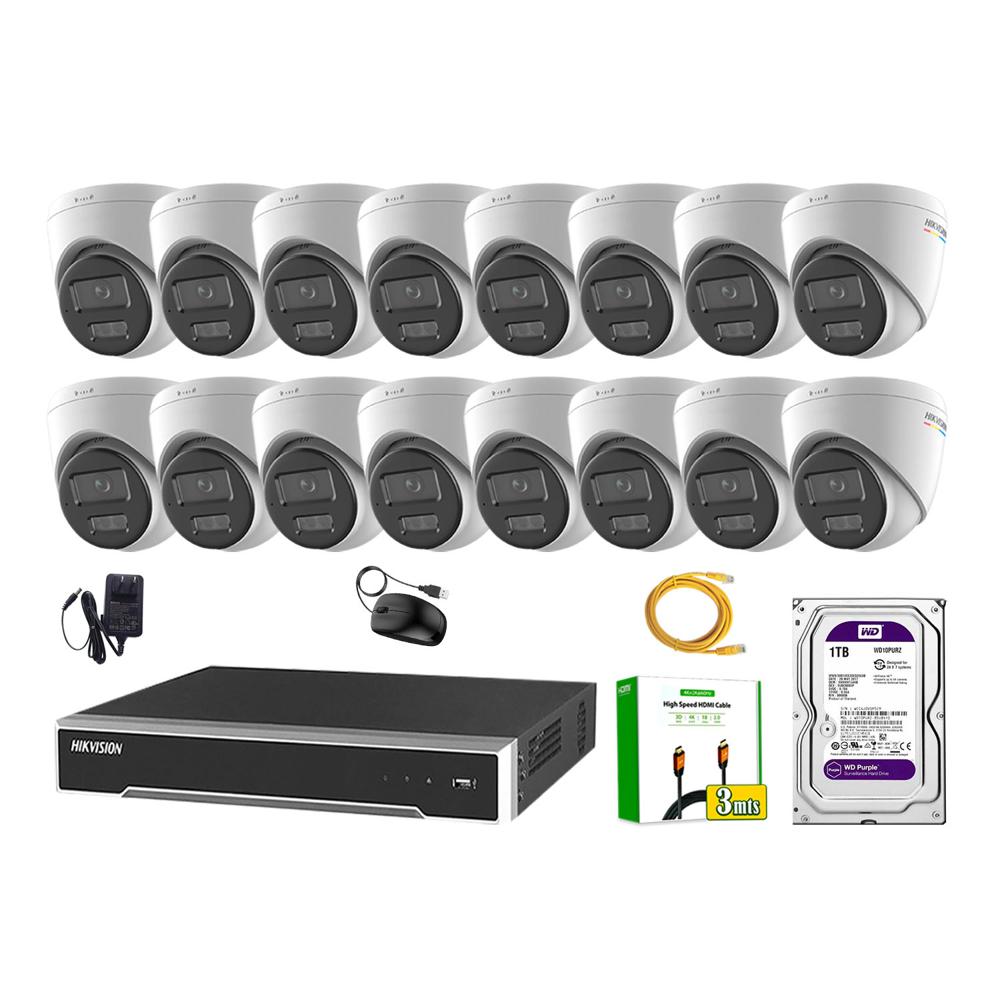 Kit 16 Cámara Seguridad Hikvision IP POE 4MP Color Vu Domo Visión Color Disco 1TB