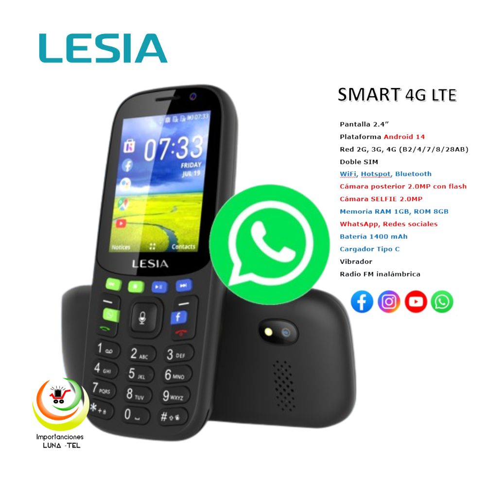 CELULAR BASICO LESIA SMART 4G DUAL SIM  NEGRO CON APLICATIVOS