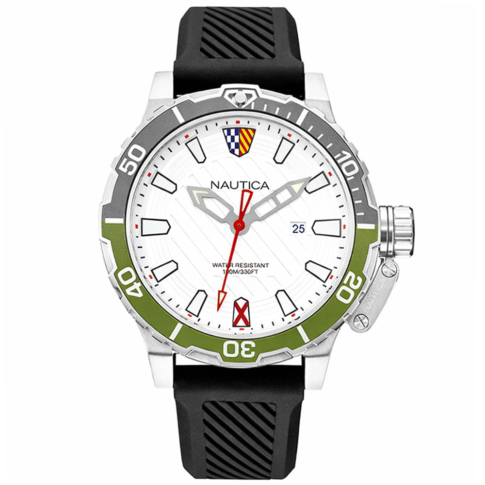 Reloj Nautica Glenrock Lagoon NAPGLS112 Fecha Acero Inoxidable Correa Silicona Negro Dial Blanco