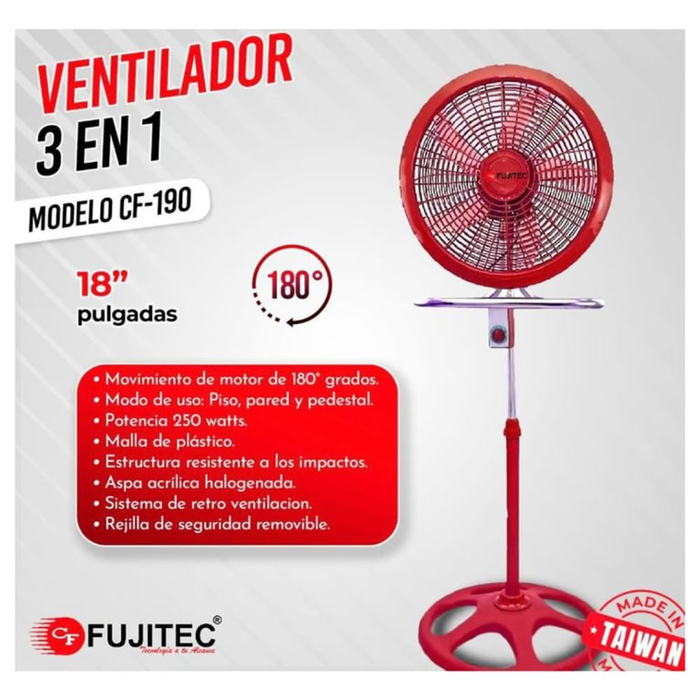 VENTILADOR 3en1 18 Pulgadas Rojo FUJITEC CF-190