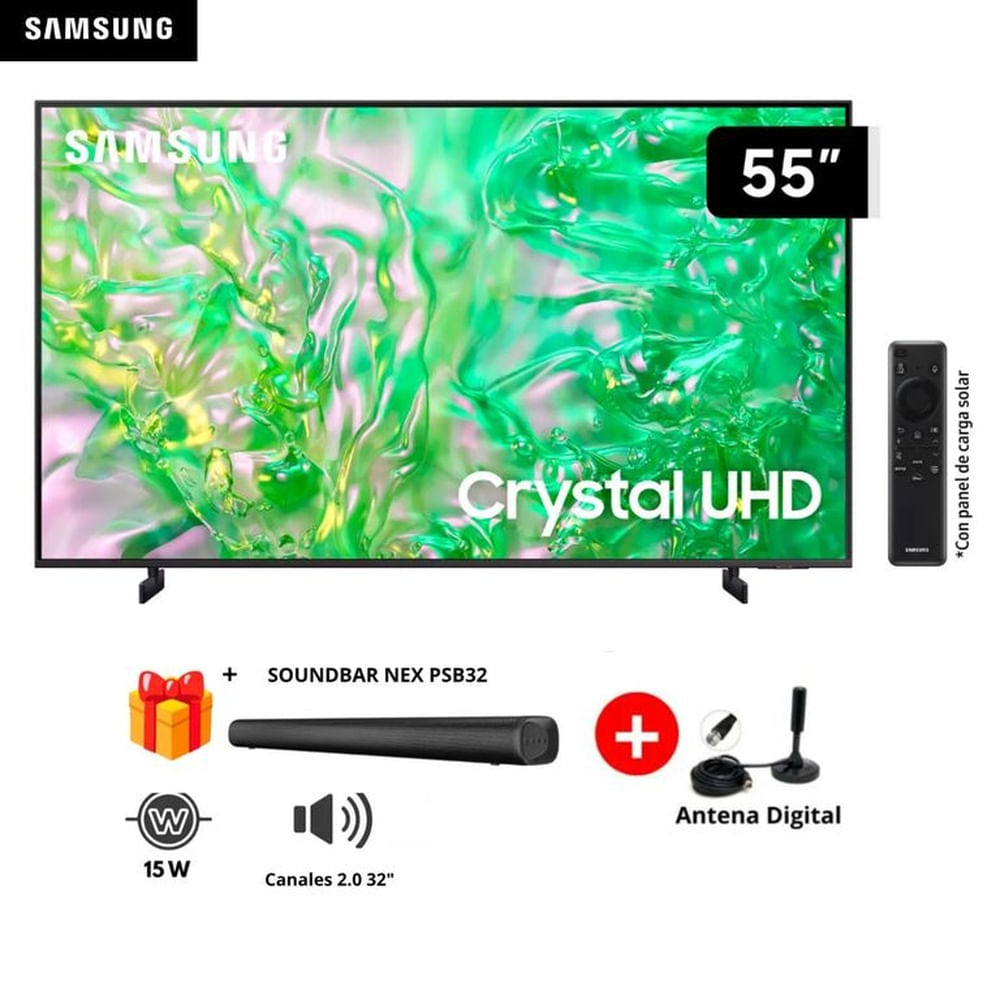 TELEVISOR SAMSUNG 55 CRYSTAL UHD 4K TIZEN  OS SMART TV 55DU8000+ SOUNDBAR NEX+ ANTENA