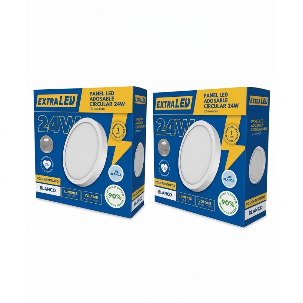 Pack x2 Panel Led Adosable Circular 24w Luz Blanca 6500K De Policarbonato Extraled