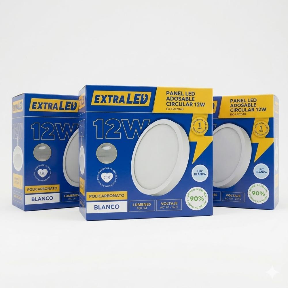 Pack x3 Panel Led Adosable Circular 12w Luz Blanca 6500K  De Policarbonato Extraled