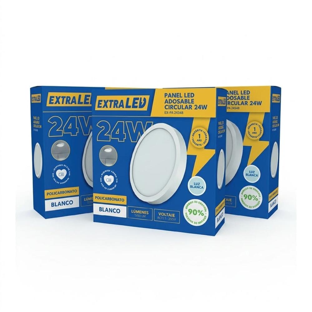 Pack x3 Panel Led Adosable Circular 24w Luz Blanca 6500K De Policarbonato Extraled