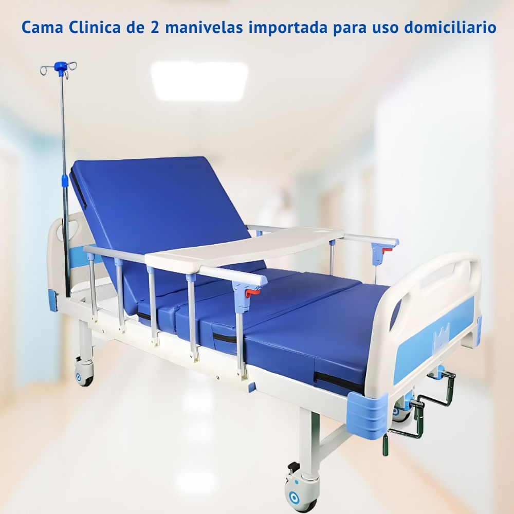 Cama Clínica Importada de 2 Manivelas con Mesa para Alimentos y Portasuero