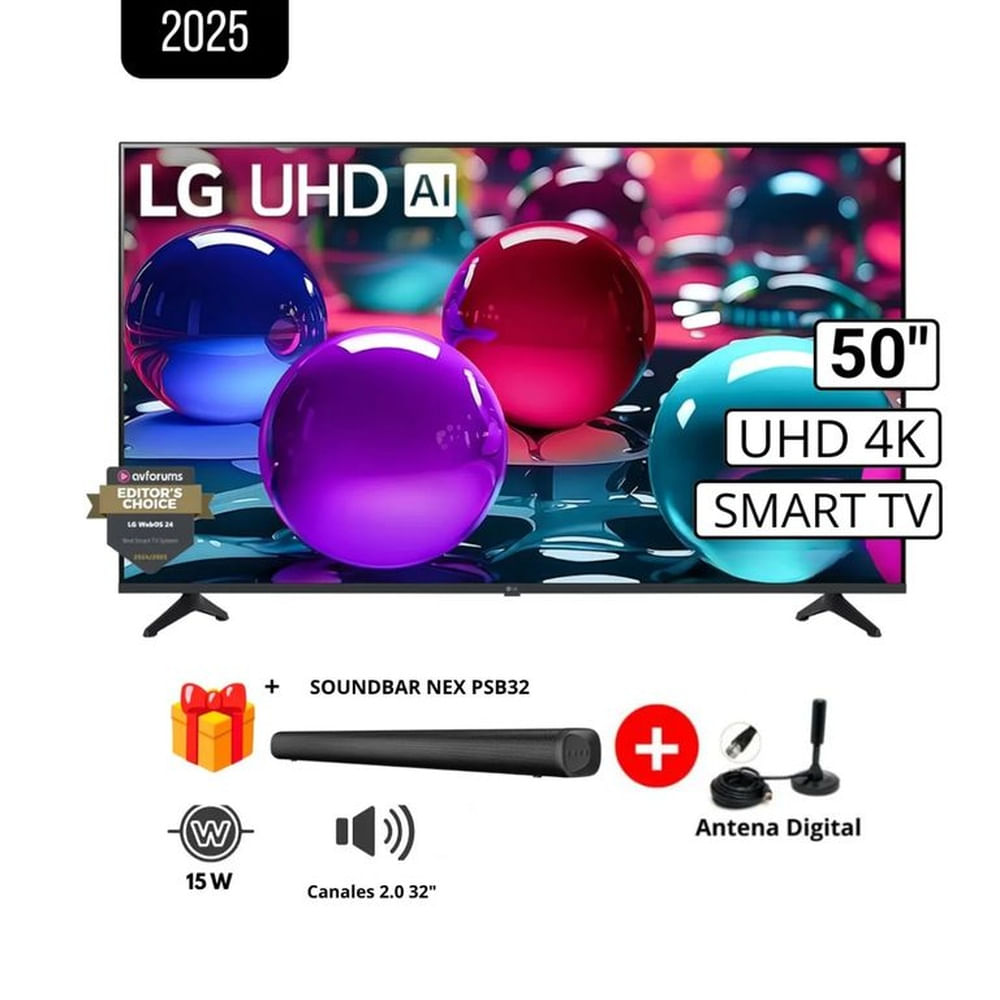 Televisor LG 50 Uhd 4K THINQ Ai 50Ua7300Psb Smart Tv 2025+ Soundbar Nex+ Antena
