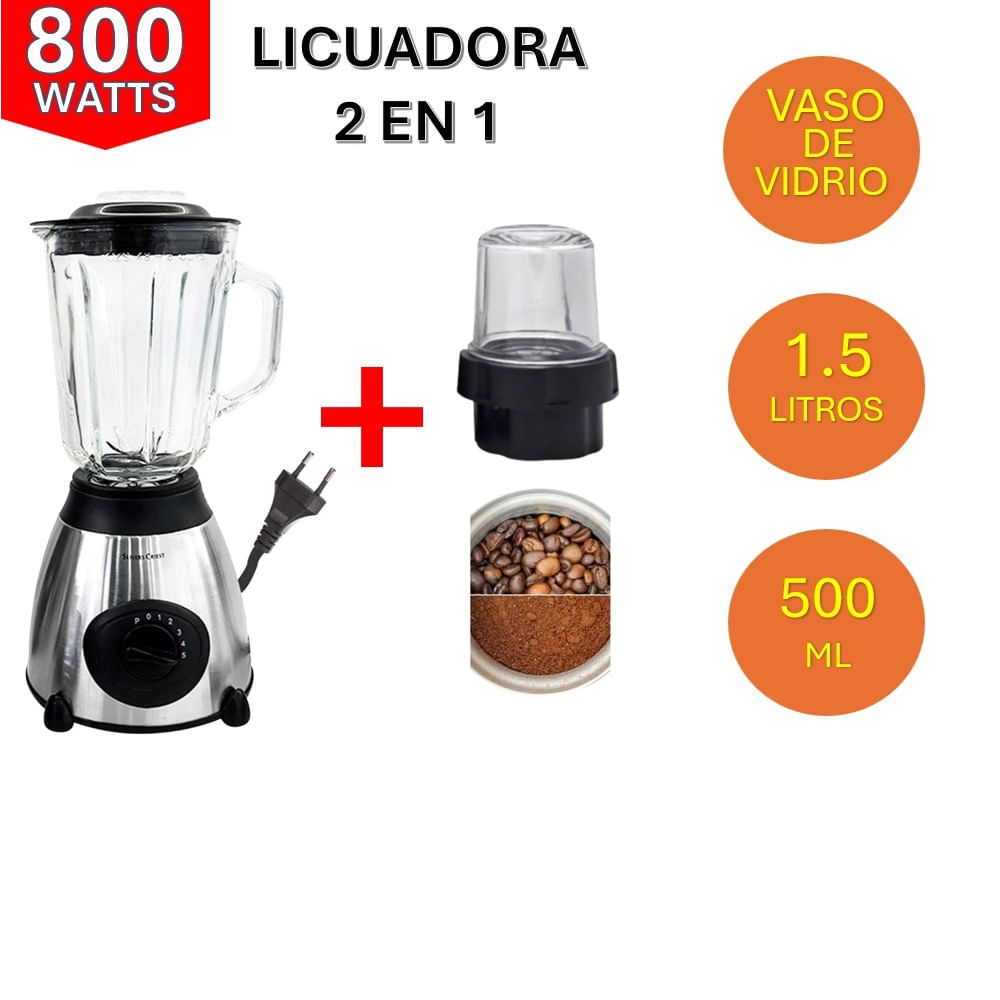 LICUADORA 2 EN 1 800W 1.5LT 0.5LT VASO DE VIDRIO