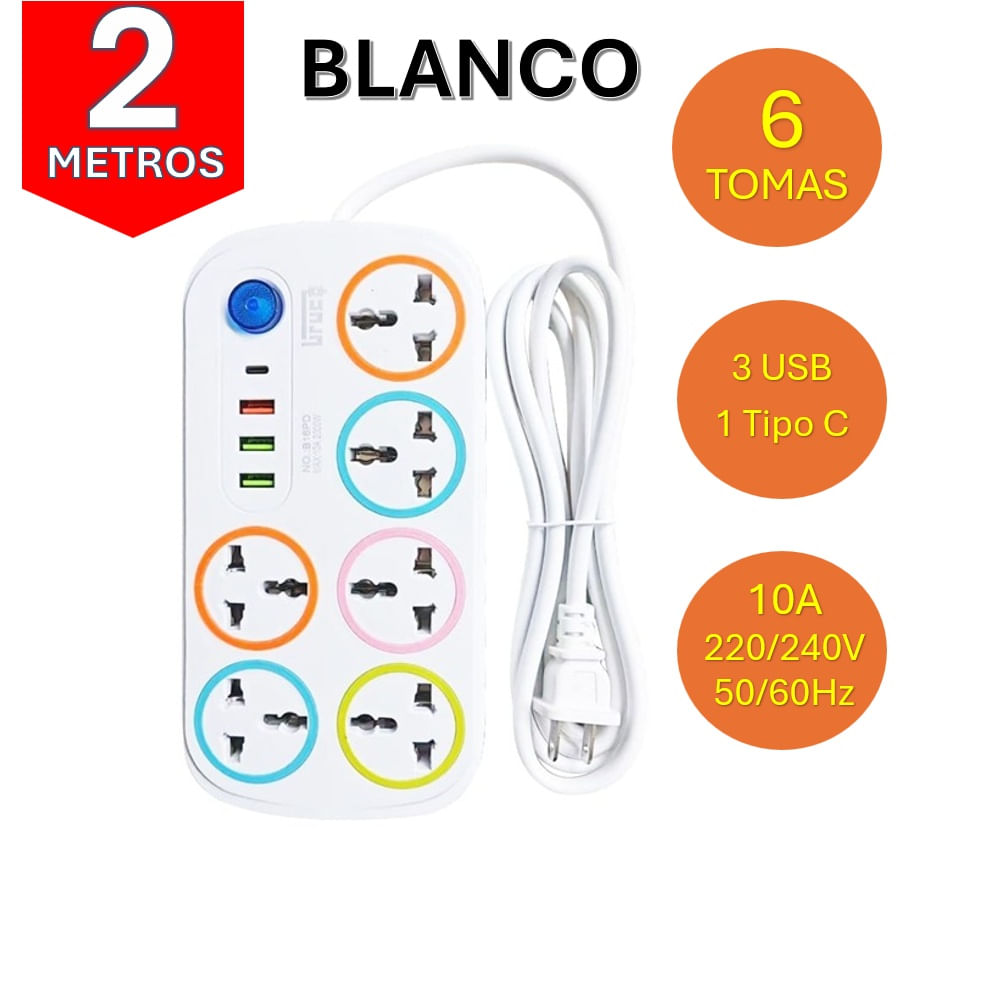 EXTENSION 2 METROS 6 TOMAS 3 USB 1 TIPO-C BLANCO