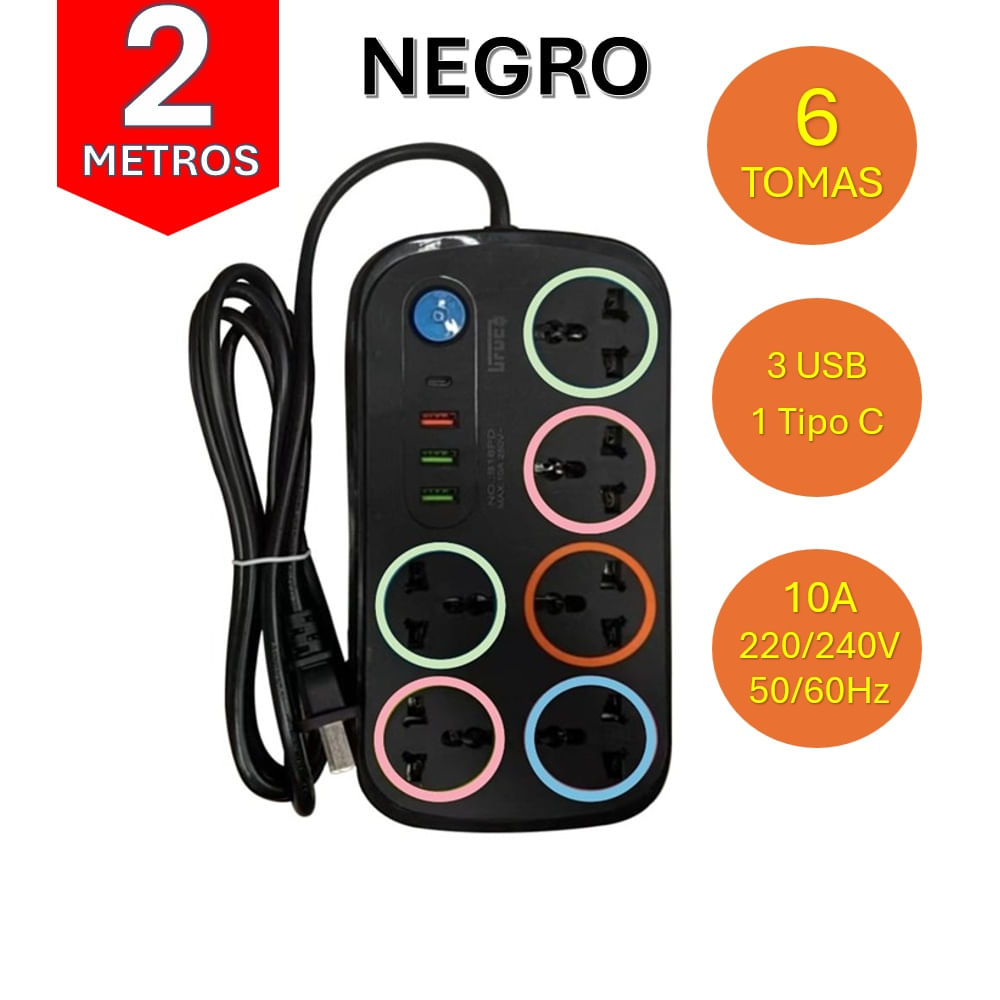 EXTENSION 2 METROS 6 TOMAS 3 USB 1 TIPO-C NEGRO