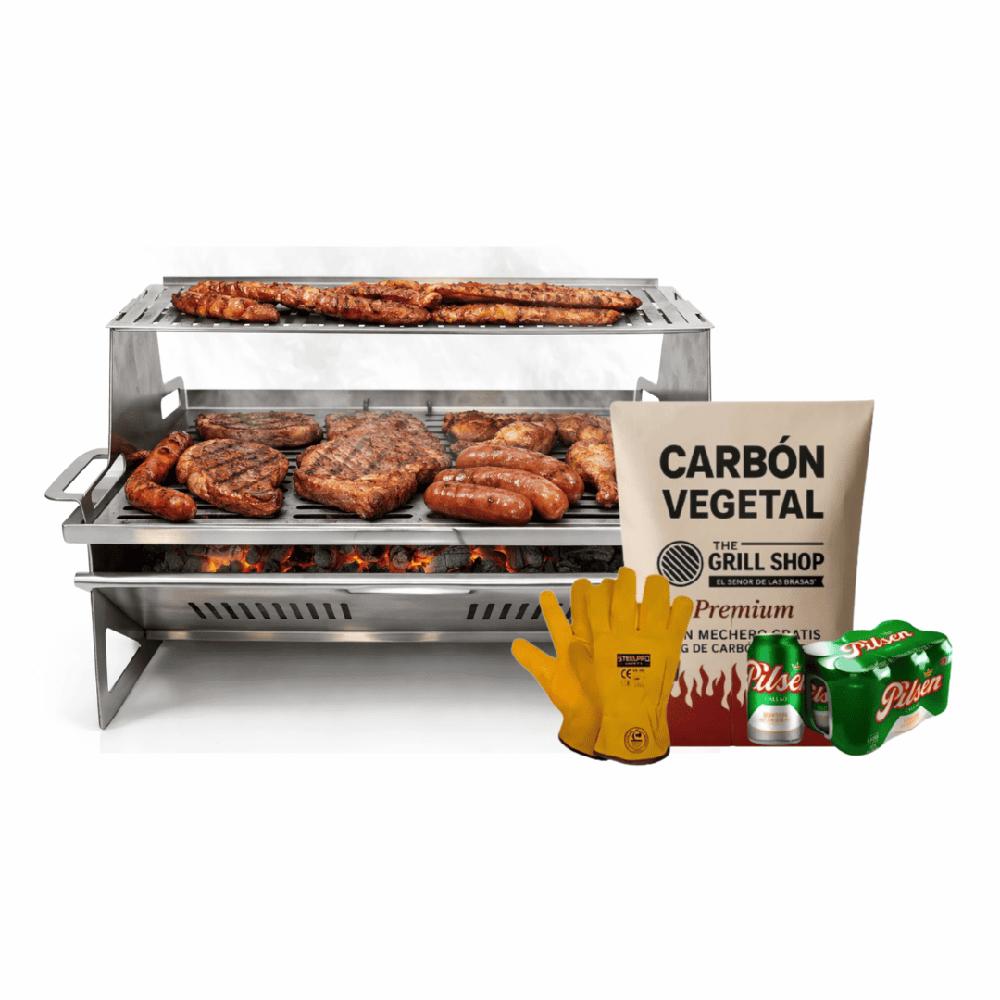 Parrilla Portátil de Acero Inoxidable Premium Grill Carbón Guantes Sixpack