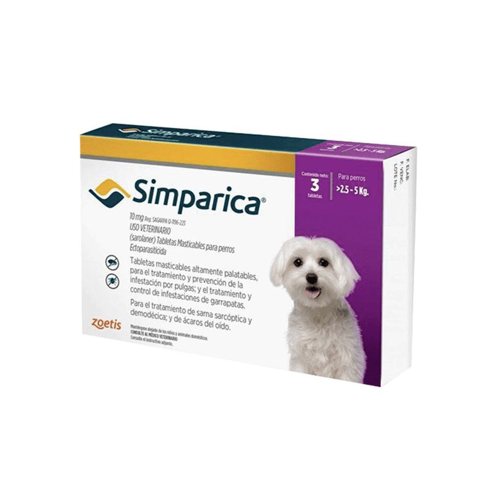 Antipulgas para Perro Simparica 10 mg X 3 Tabletas 2.5 A 5 Kg