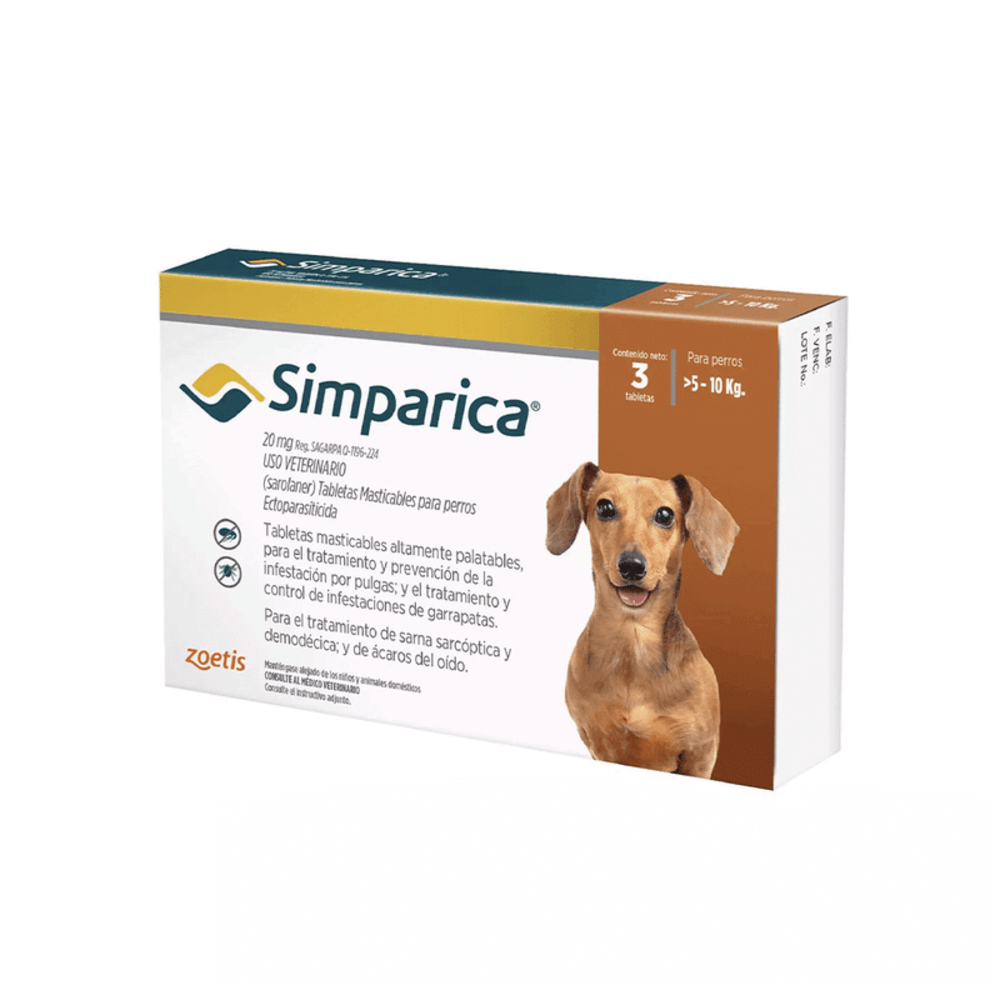 Antipulgas para Perro Simparica 20 mg X 3 Tabletas 5 A 10 Kg
