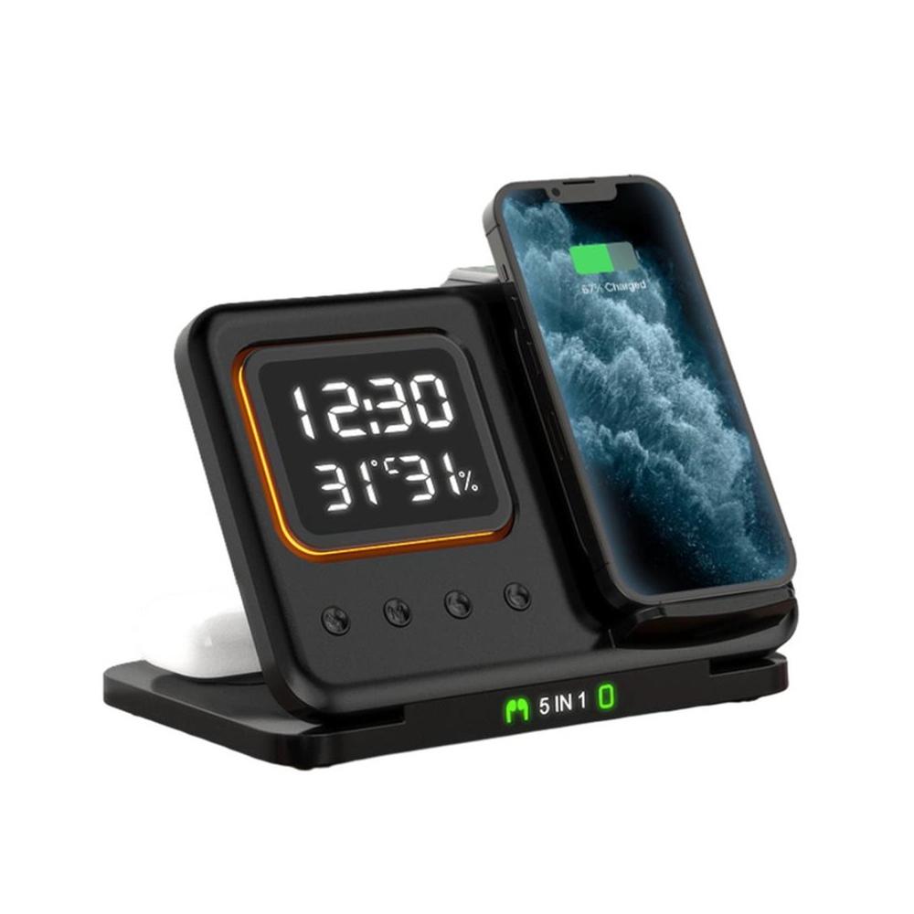 Base de Carga Inalambrica 5 en 1 con Reloj digital y termometro