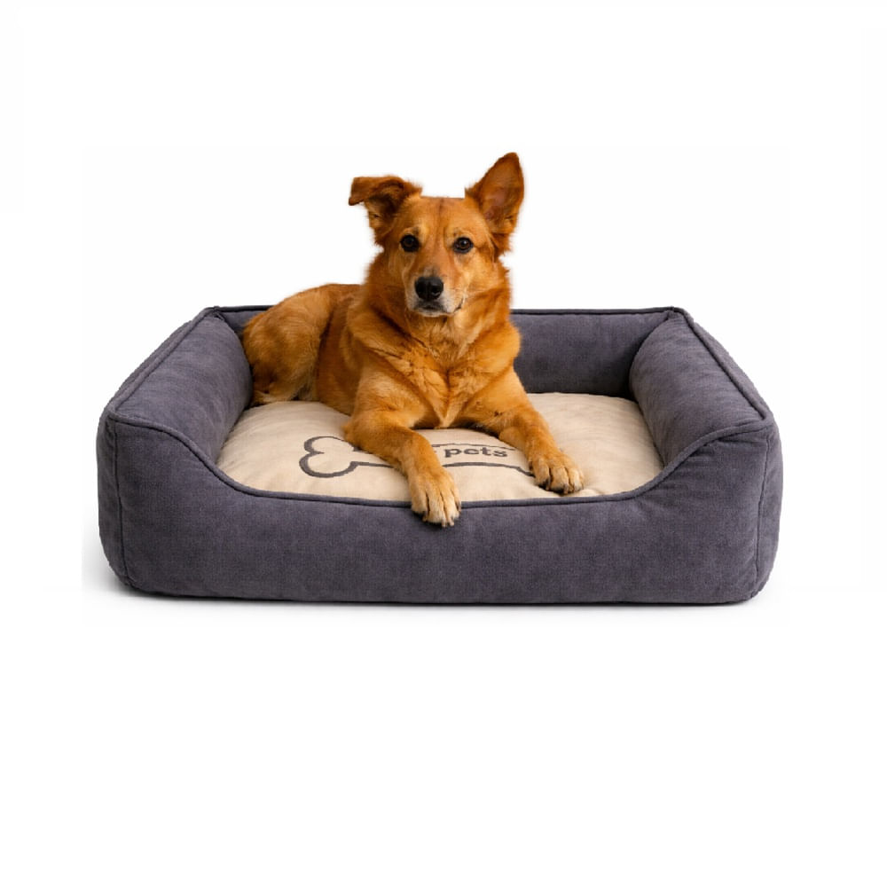 Cama terciopelo cuadrada para mascotas perros y gatos color gris con cierre