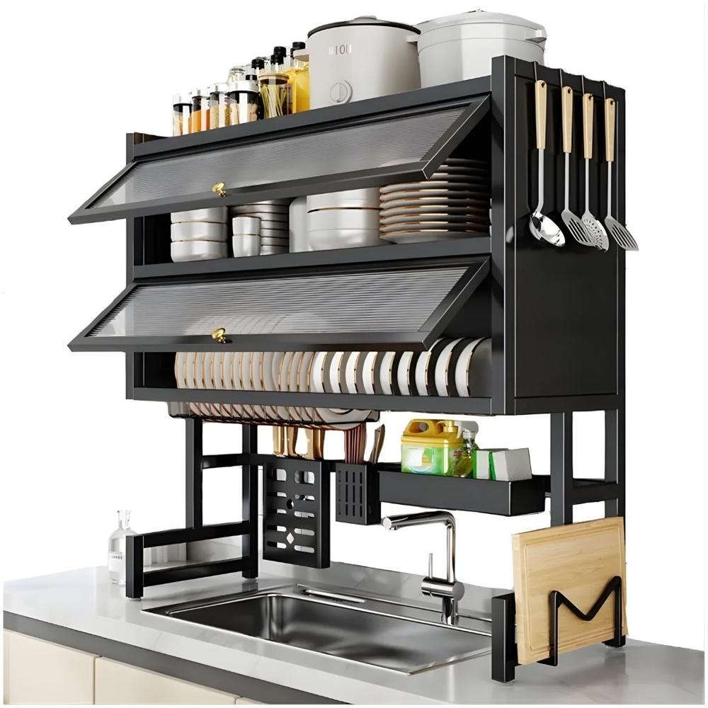 Organizador y Escurridor de Platos 3 Niveles con Doble Tapa Acero al Carbono 85cm