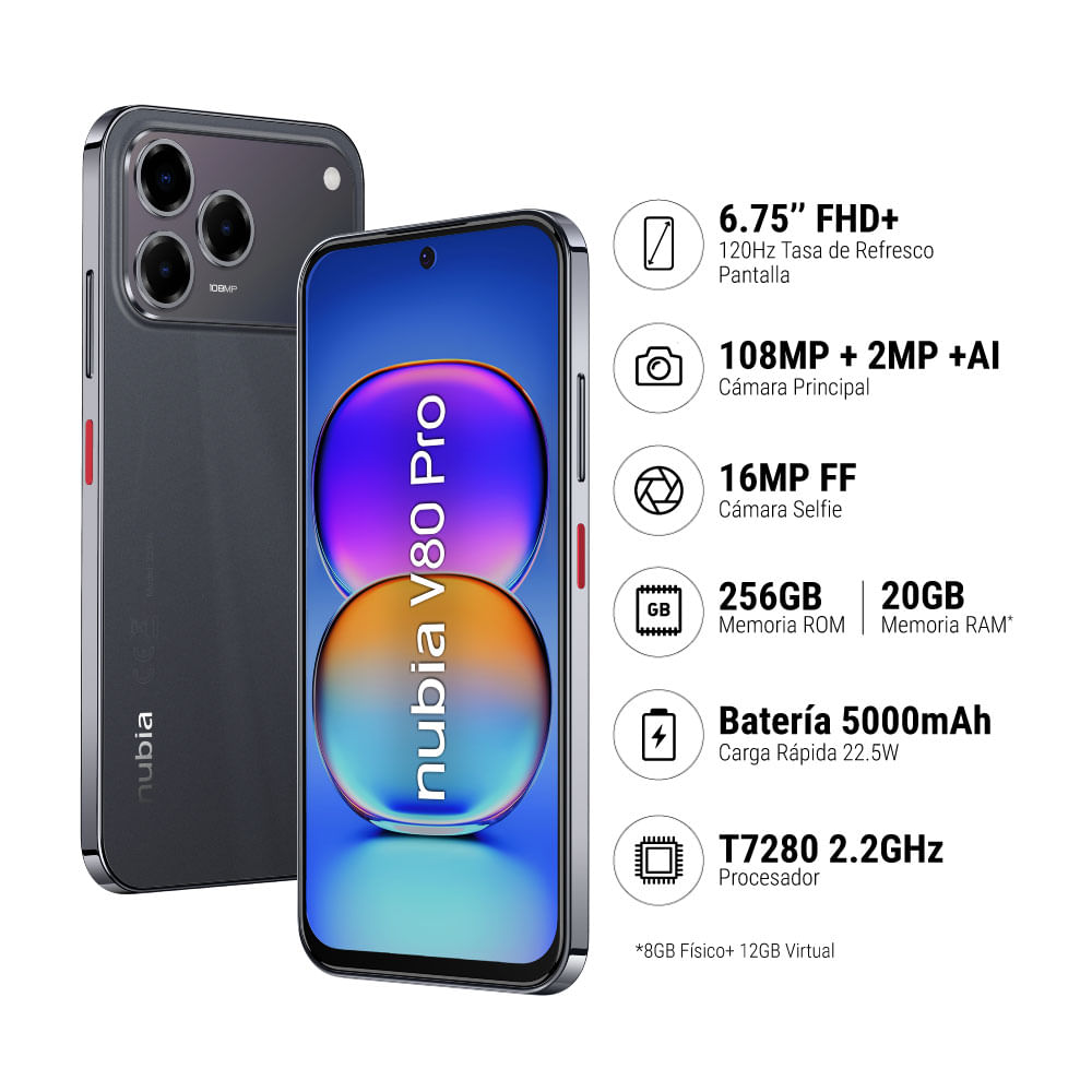 Celular 4G Nubia V80 Pro 256GB 8GB RAM Cámara Principal 108MP Negro Celular 4G Nubia V80 Pro 256GB 8GB RAM Cámara Principal 108MP Negro