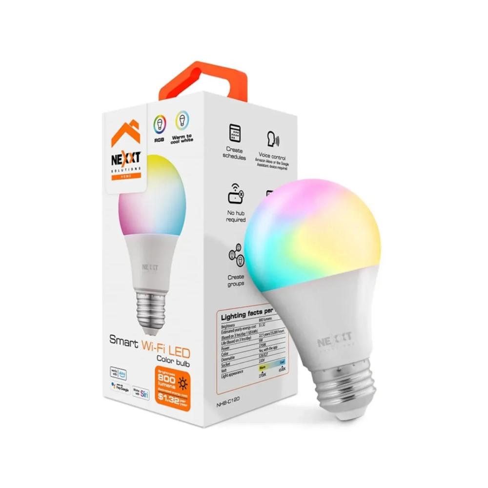 Foco Inteligente WiFi Nexxt A19 RGB 9W Luz Multicolor. Regulable Compatible con Alexa y Google Home