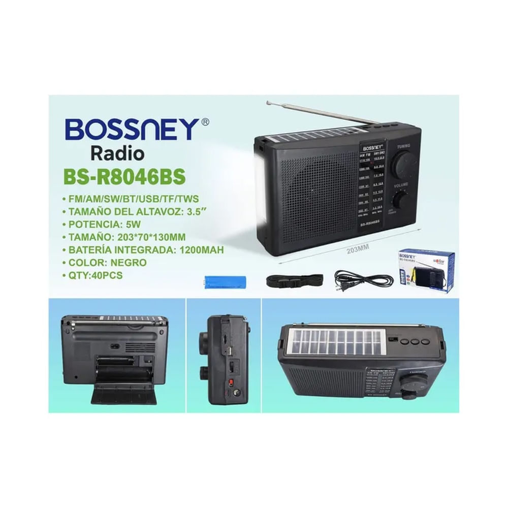 Radio Bossney Recargable Con Panel Solar BS- 8046