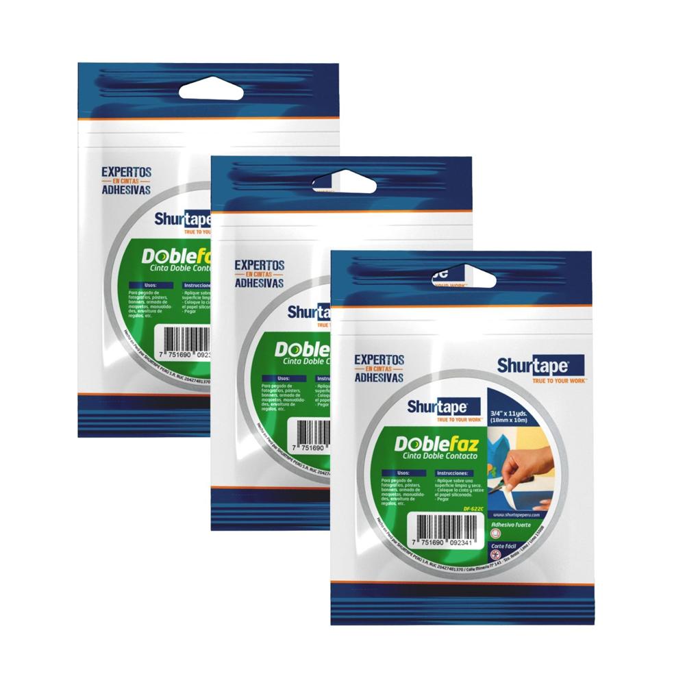 Doble Faz Cinta de Doble Contacto 18mm x 10m Pack x 3