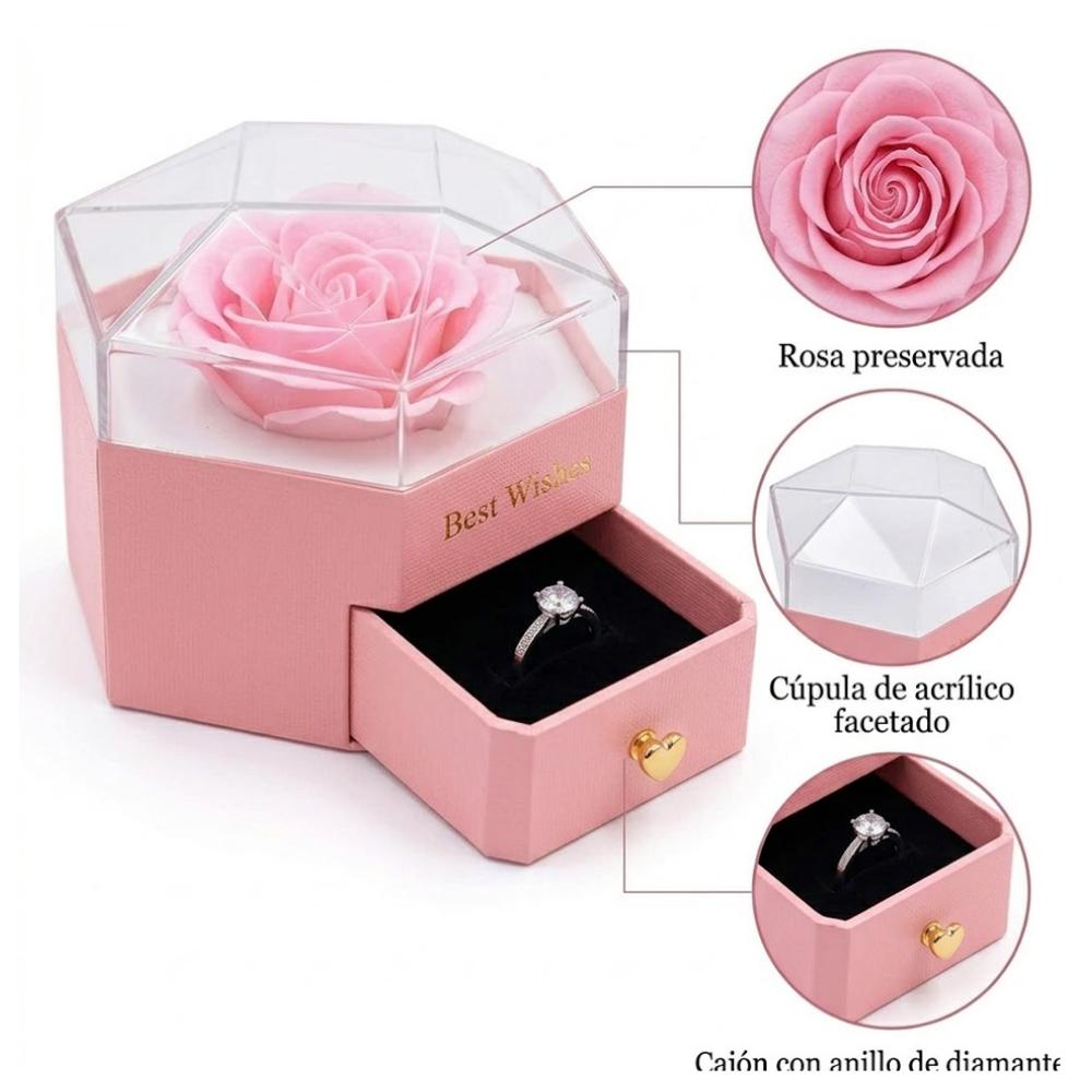 Cofre de Rosa Eterna Joyería Sorpresa Collar Aretes y Anillo Regalo Joyero Rosado