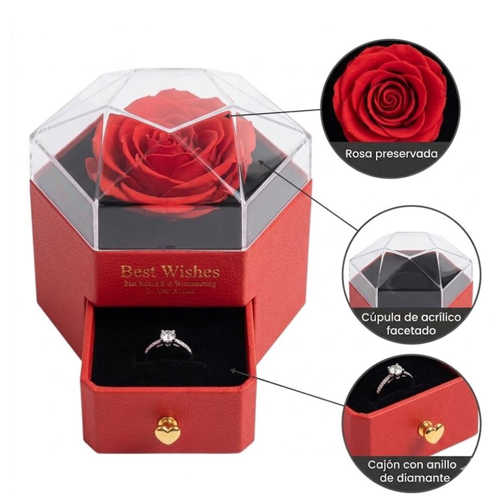 Cofre de Rosa Eterna Joyería Sorpresa Collar Aretes y Anillo Regalo Joyero Rojo