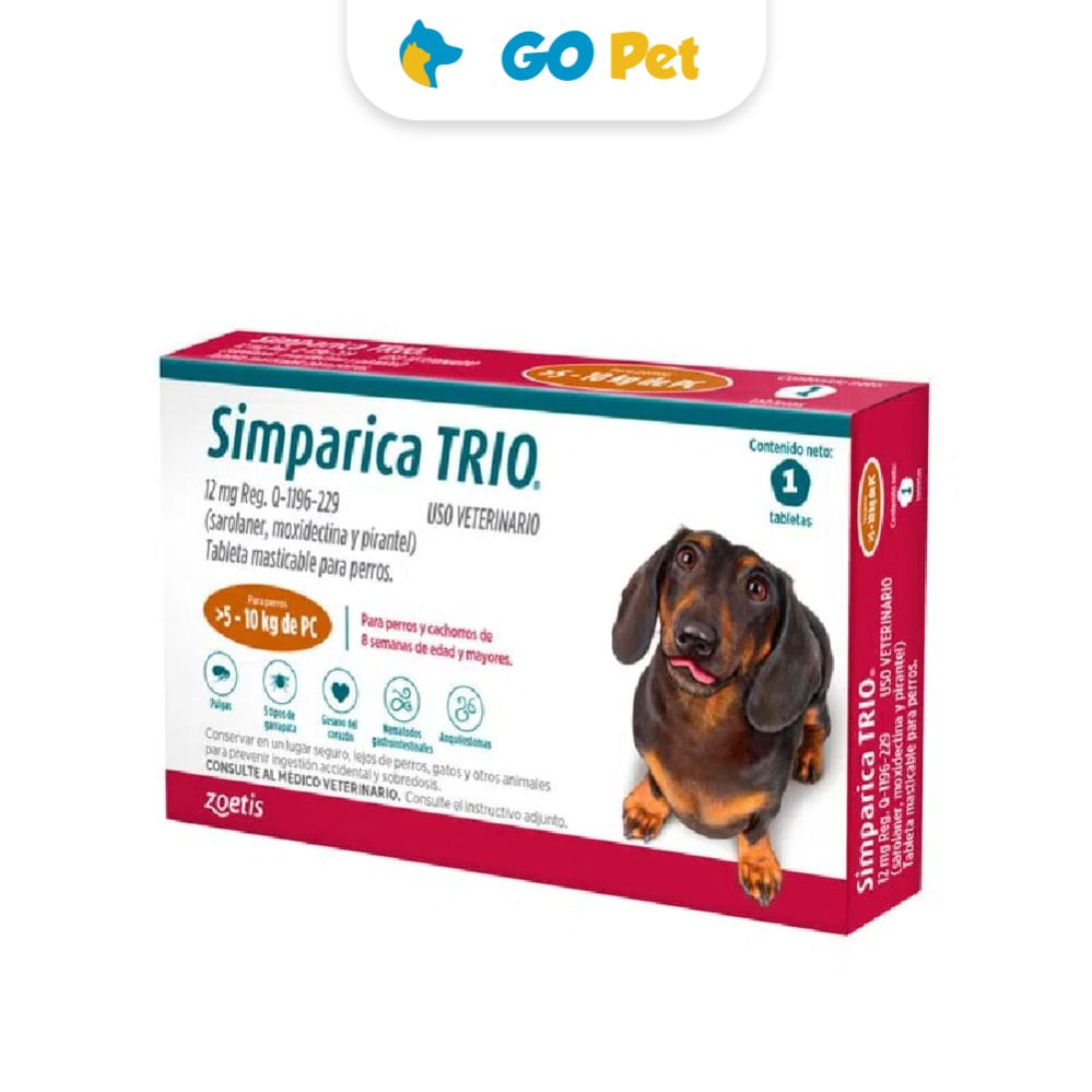 Antipulgas Simparica Trio de 5 a 10 kg x 03 Tabletas