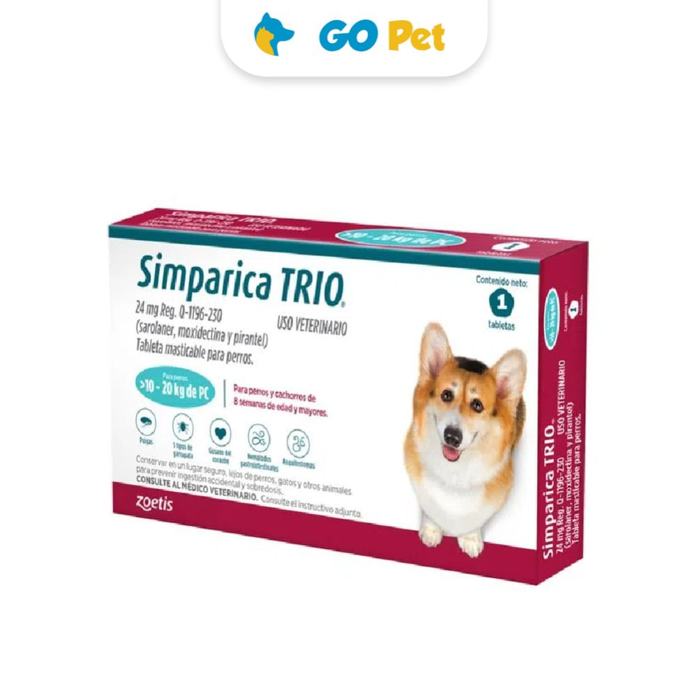 Antipulgas Simparica Trio de 10 a 20 kg x 03 Tabletas
