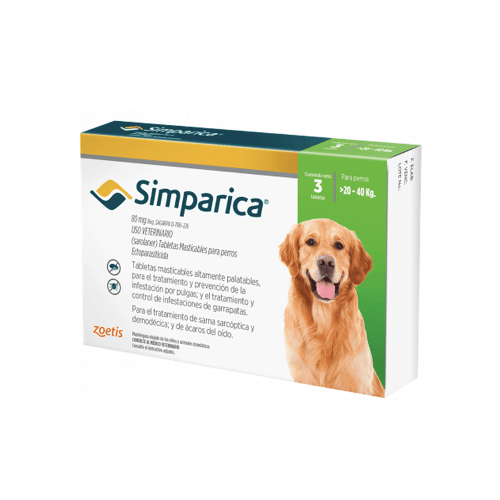 Antipulgas para Perro Simparica 80 mg X 3 Tabletas 20 A 40 Kg