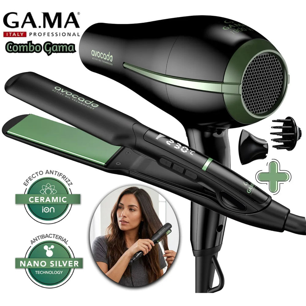 Combo GAMA Secadora Tempo Avocado 2897 con Plancha Alisador X-Wide Avocado 2790